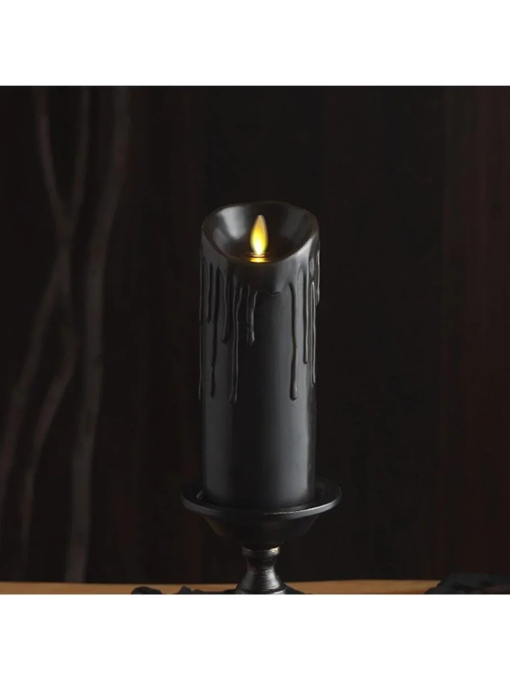 Black Wax Drip Flameless LED Candle - Battery Operated, Moving Flame, Timer